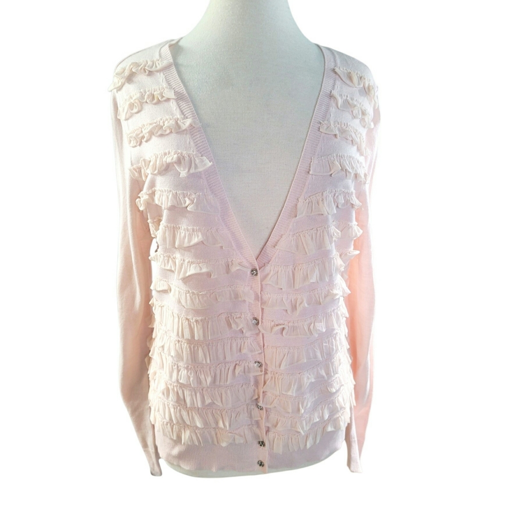 New York & Company Pink Ruffle Cardigan Size XL